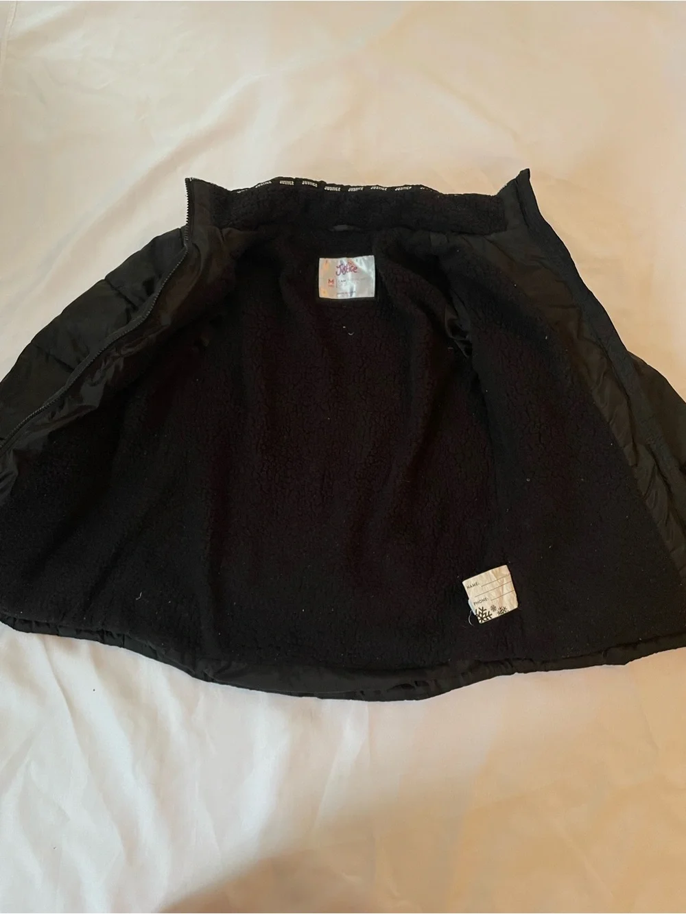 Justice Kids Black Puffer Jacket Warm Lining, Sleeve Decal, & Pockets Size 10(M)